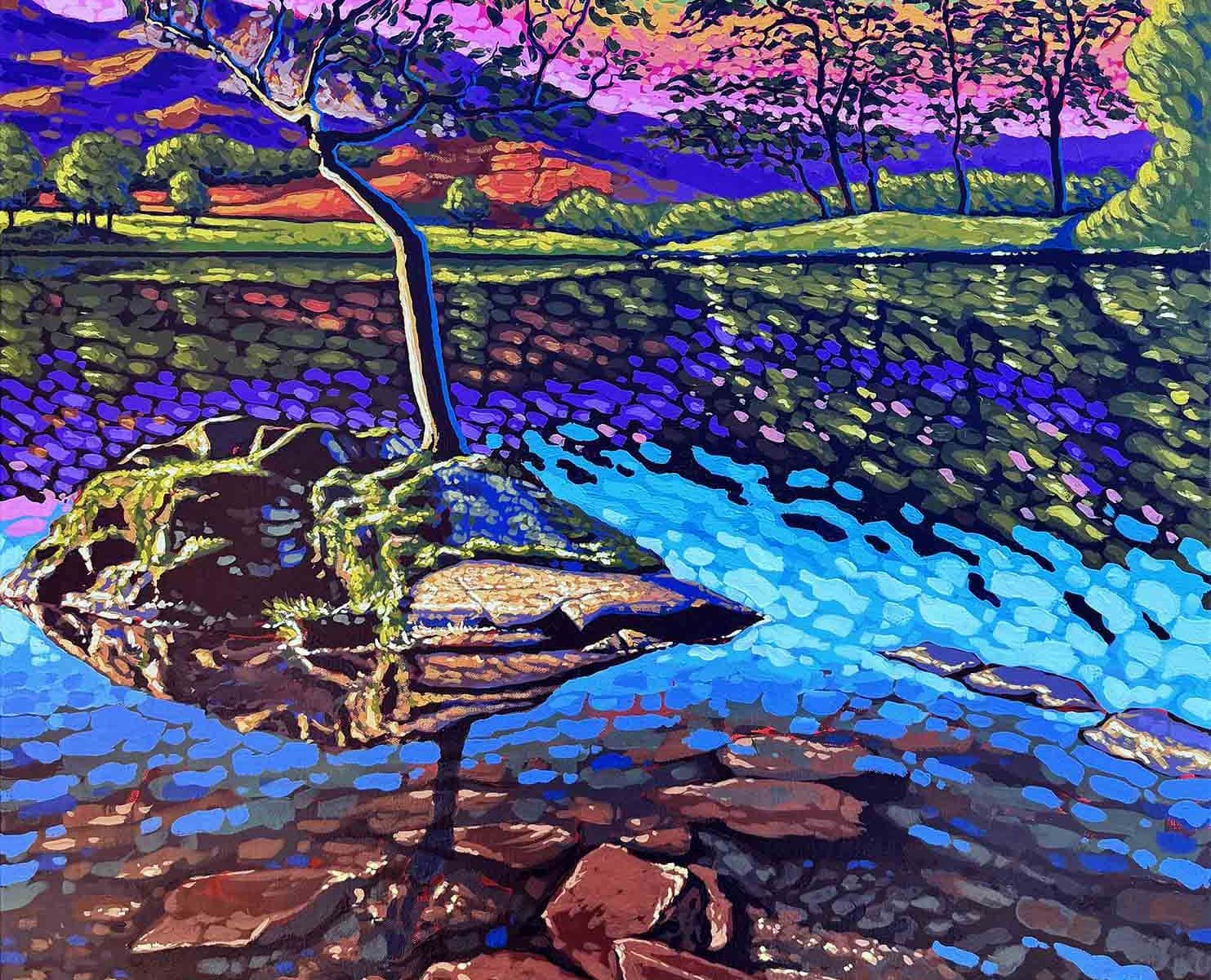 a vibrant landscape painting inspired by the serene beauty of the Yorkshire countryside
